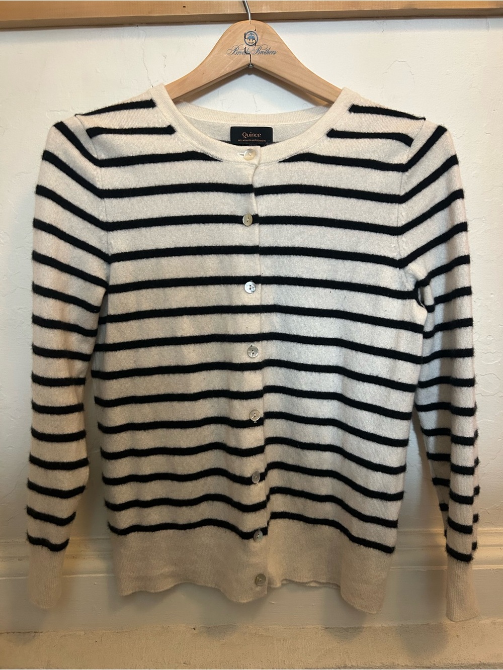 Quince Cream and Black Striped Cashmere Button-Down Cardigan
